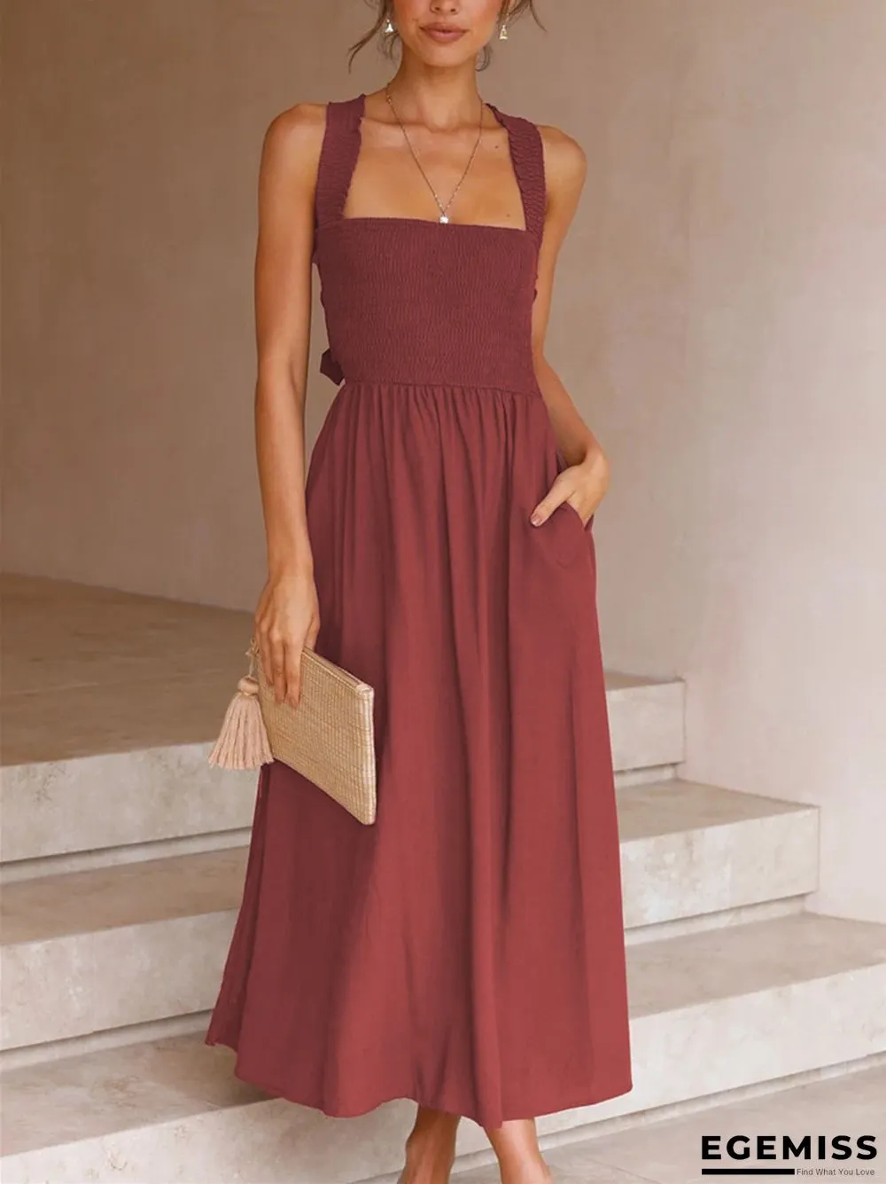Casual Fashion Solid Color Cotton Linen Suspender Dress | EGEMISS