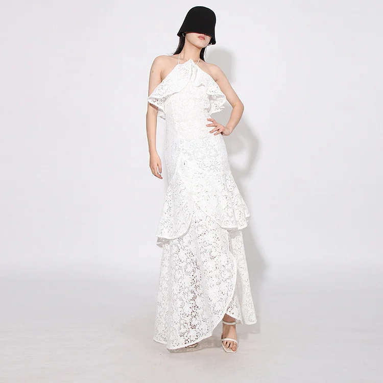 Lace Design Embroidered Hanging Neck Sleeveless Maxi Dress