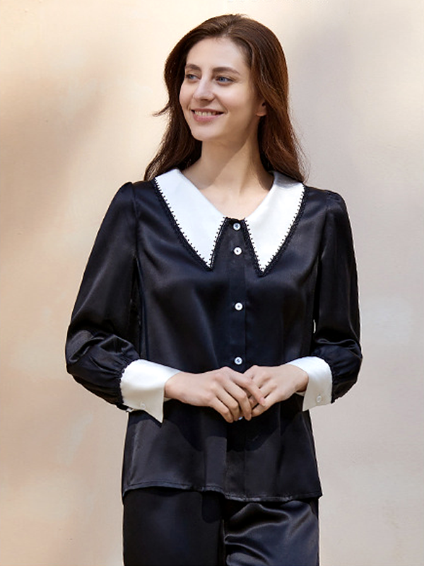 Realsilklife | 19 Momme Black Peter Pan Collar Silk Pajamas