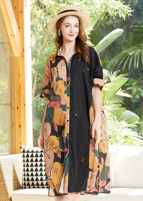 VCSHOES Colorblock Peter Pan Collar Patchwork Print Cotton Shirt Dress Spring