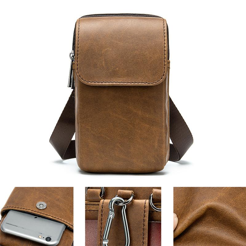 Men's Casual Cowhide Leather Double Zippers Crossbody Packs Waist Bag