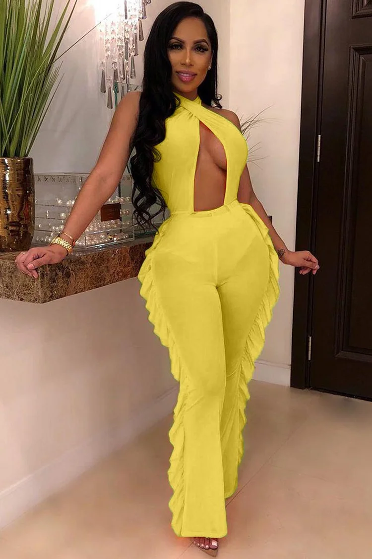 Mesh Cut Out Halter Backless Ruffled Side Bodycon Jumpsuit Swimsuit