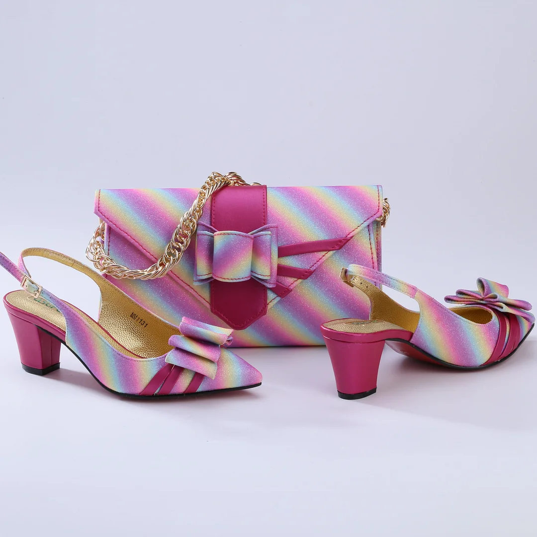 QSGFC New Coming Italian Design African Colorful Stripes Pattern Style Women Shoes and Bag Set in Orange Color for Party Wedding
