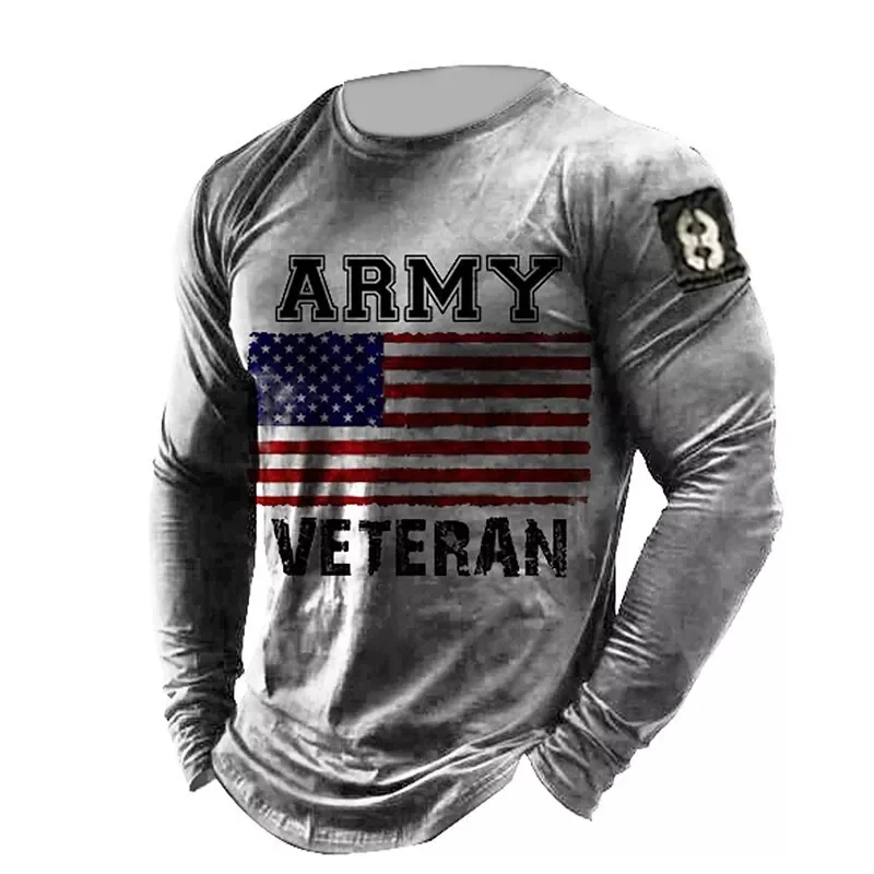 Men's 3D Print Graphic Prints National Flag Letter Crew Neck Long Sleeve T-Shirt
