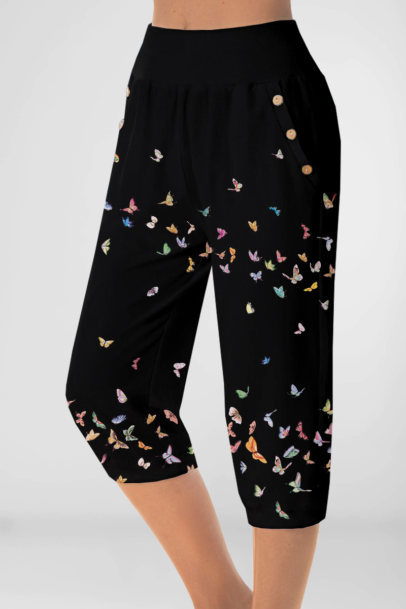 Flycurvy Plus Size Casual Black Butterfly Print Pocket Decorative Button Capris Pants 2024 - Flycurvy 