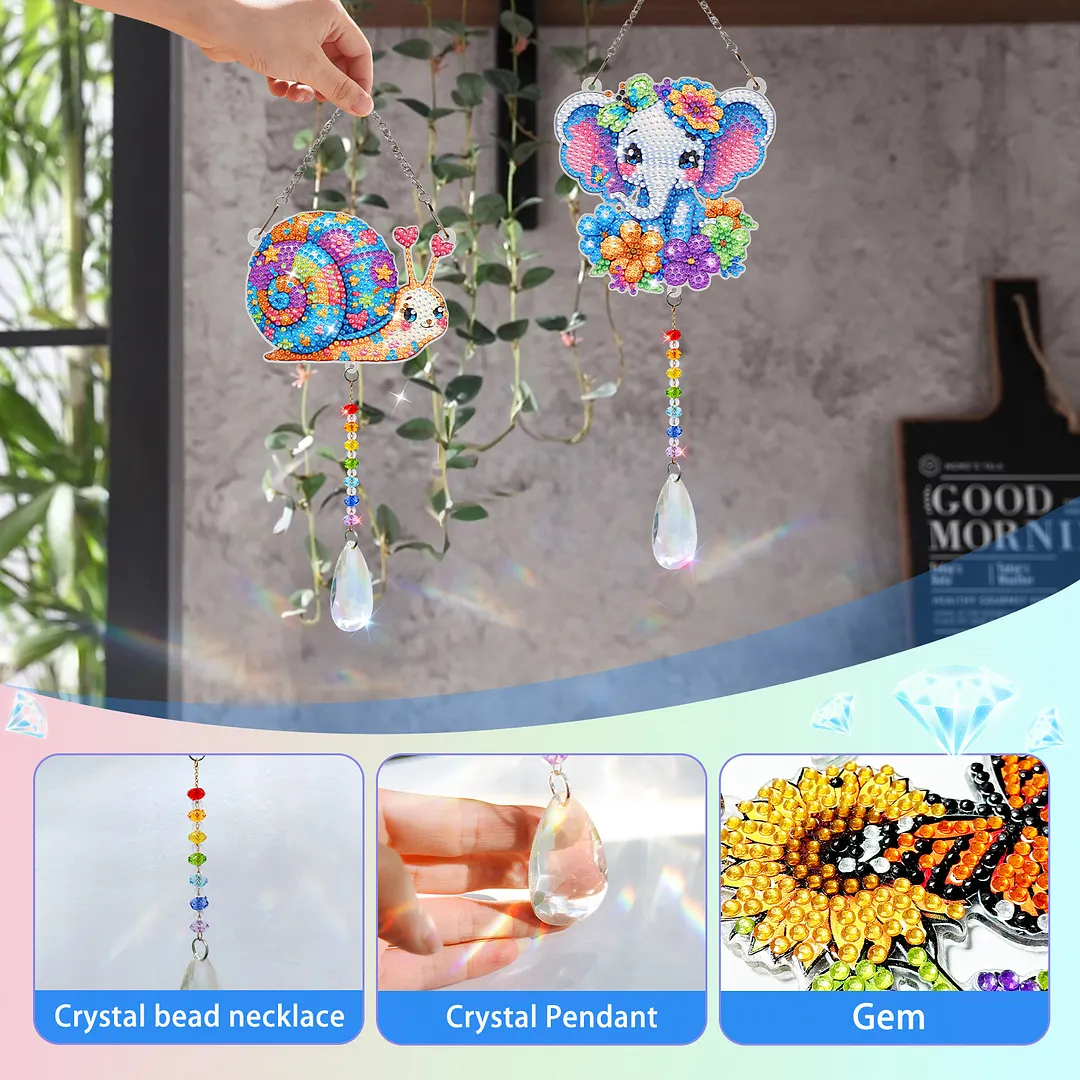 2Pcs Snails and Elephants DIY Double-Sided Diamond Painting Hanging Kits Diamond Painting Suncatcher Craft Kit for Home Garden Wall Decor Gift