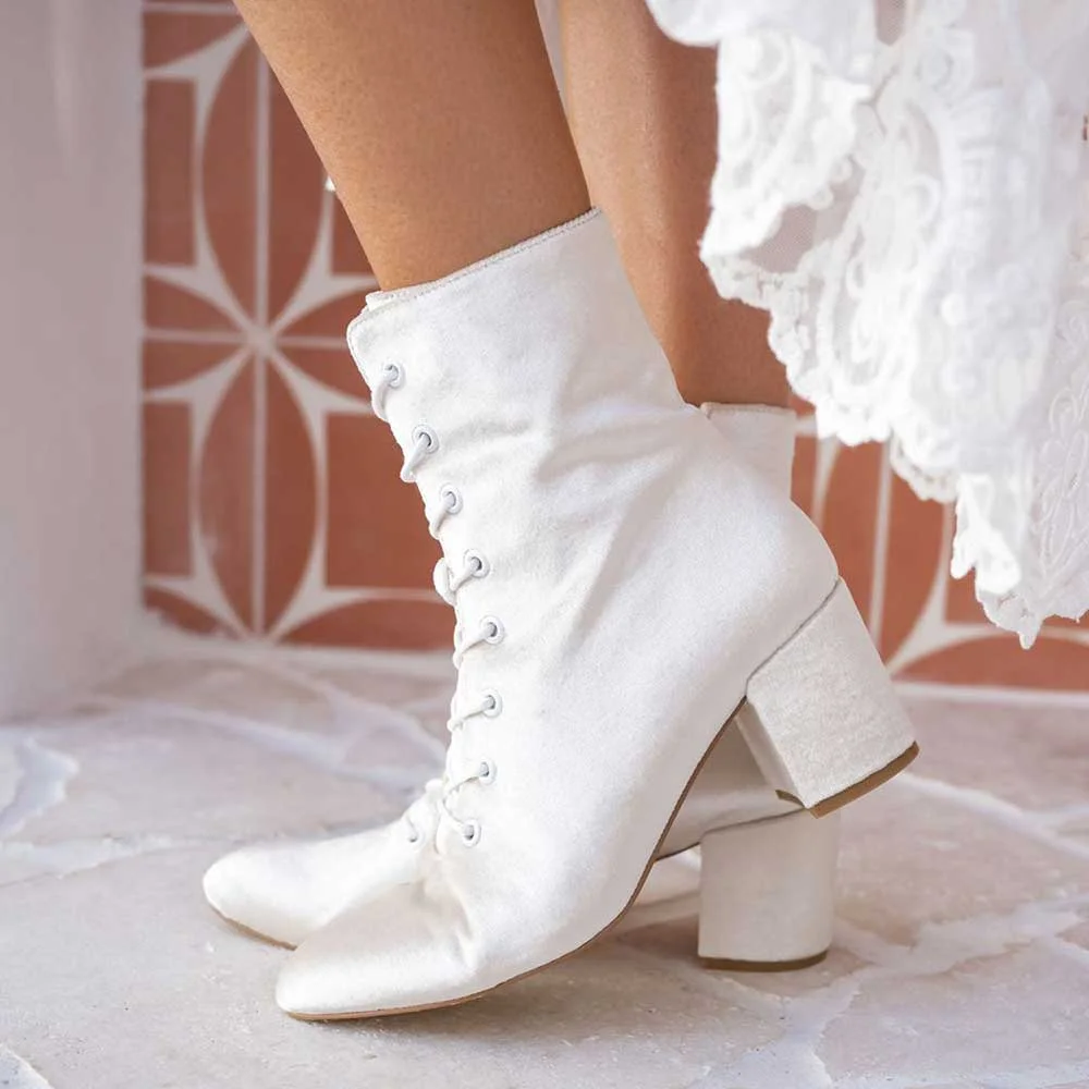 Elegant Ivory Velvet Bridal Shoes Lace Up Chunky Heel Ankle Boots Nicepairs