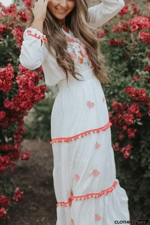 Embroidery Pom Pom Maxi Dress