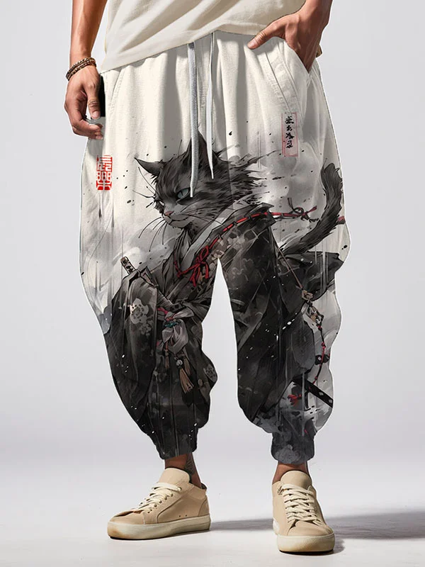Men's Japanese Cat Samurai Ink Painting Print Loose Drawstring Waist Sweatpants