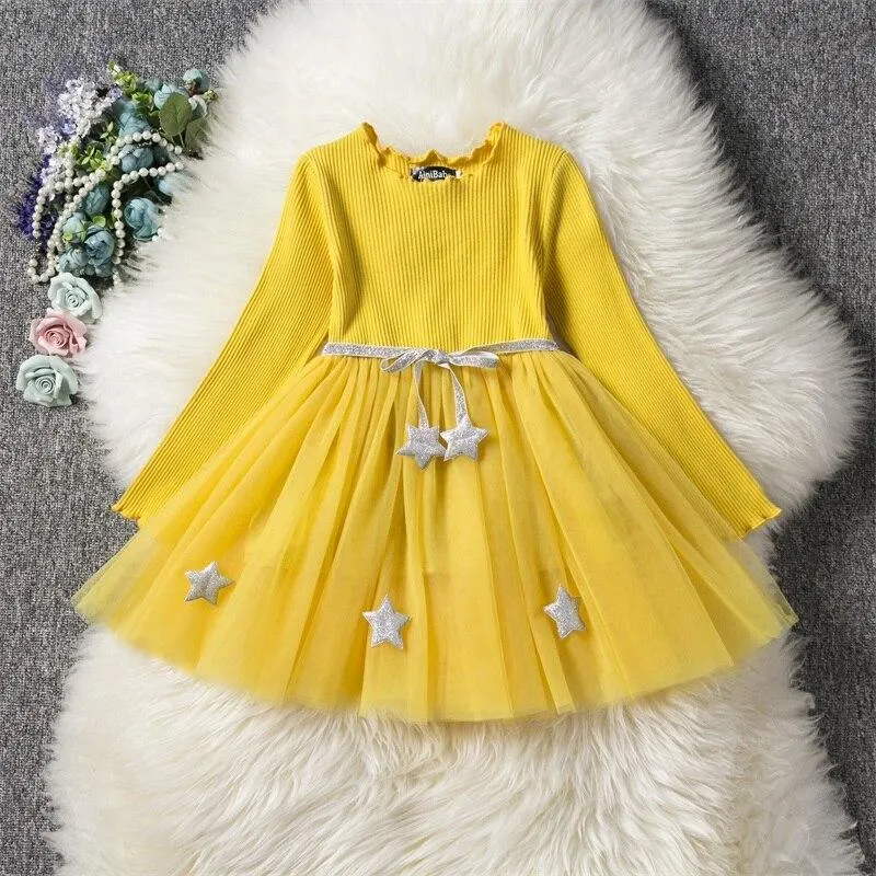 Girls Winter Dress for Kids Long Sleeve Star Sequined Princess Dresses 3 6 8 Years Old Children Cotton Knitted Autumn Clothes