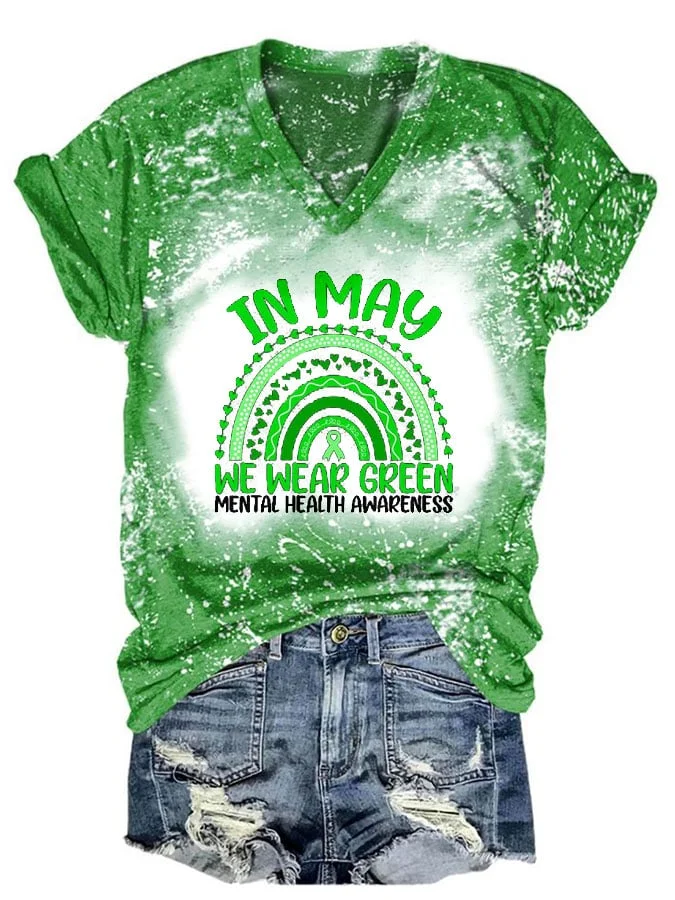 Women's In May We Wear Greens Mental Health Awareness Print V-Neck Casual T-Shirt socialshop