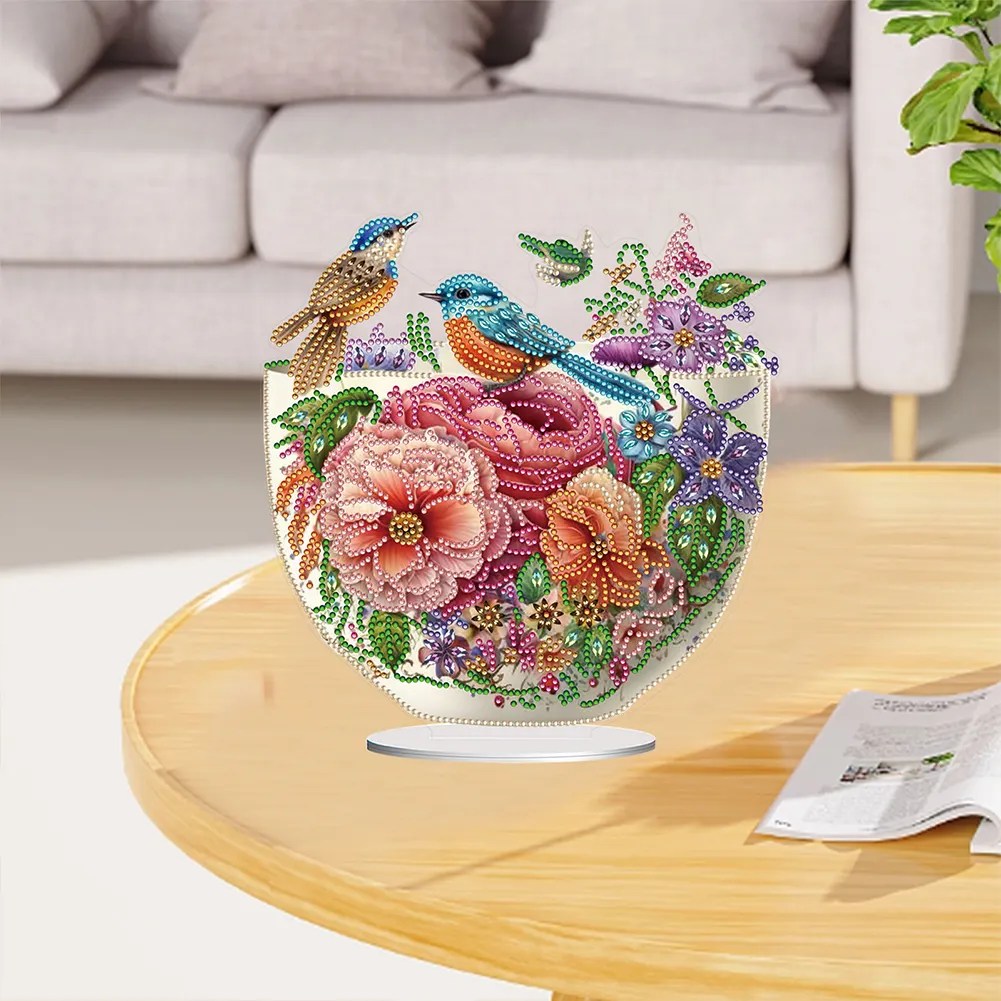 5D DIY Artistic Flower Bird Acrylic Special Shaped Desktop Diamond Art Kit for Desktop Decor