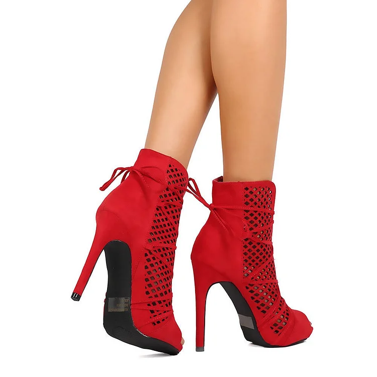 Red Strappy Lace Up Suede Ankle Boots Peep Toe Stiletto Summer Boots Vdcoo