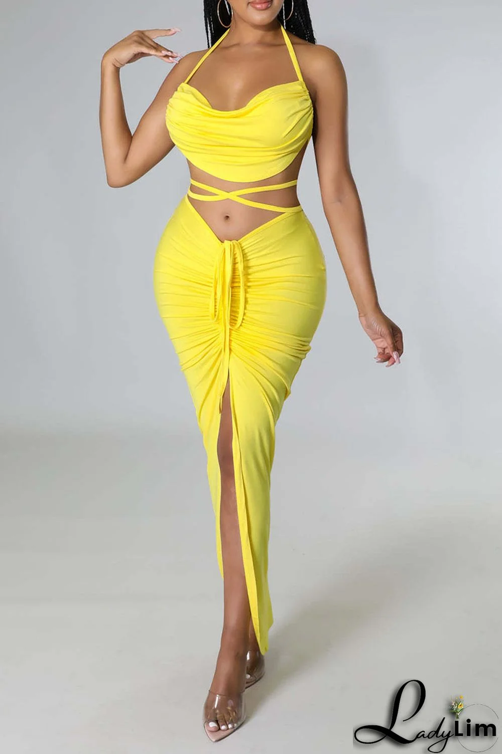 White Sexy Solid Bandage Patchwork Backless Fold Halter Sleeveless Two Pieces