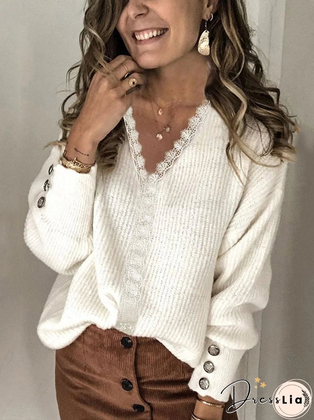 V Neck Plain Soft Lace Decorated Sweater