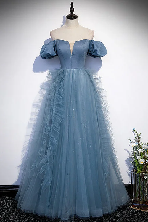 Daisda Gorgeous Dusty Blue Off-The-Shoulder Long Prom Dress Tulle With V-Neck