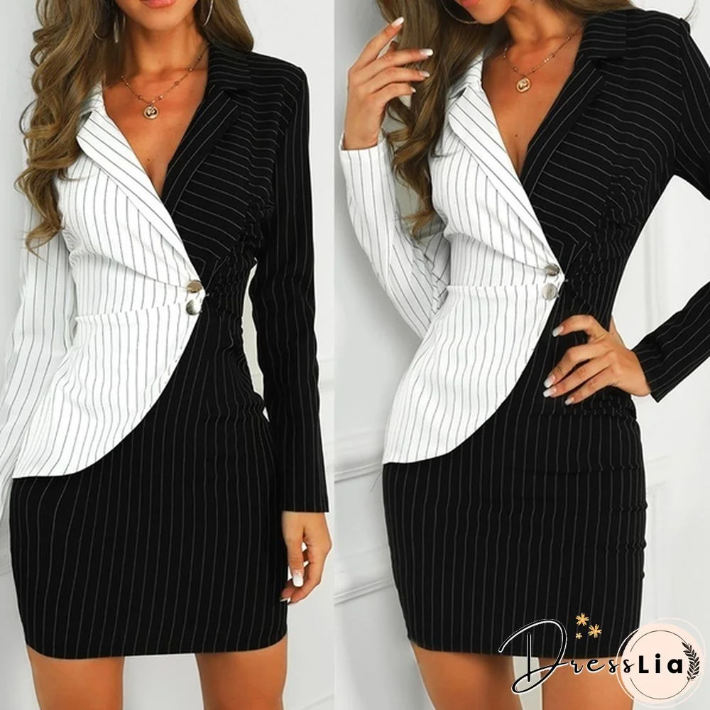 New Office Lady Sexy V-Neck Black And White Stitching Striped Blazer Dresses