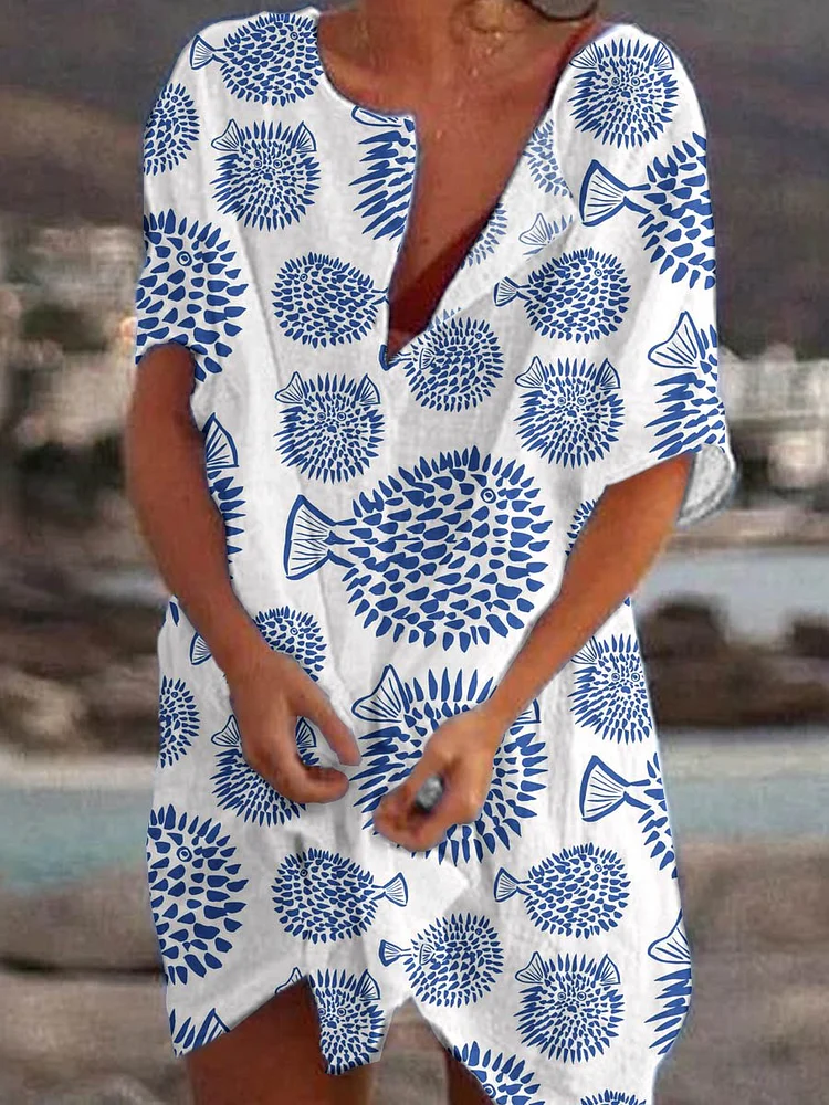 Women's Puffer Fish Pattern Printed Cotton And Linen Dress