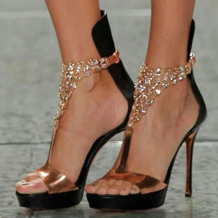 Rose Gold Jeweled Platform T-Strap Evening Sandals Vdcoo