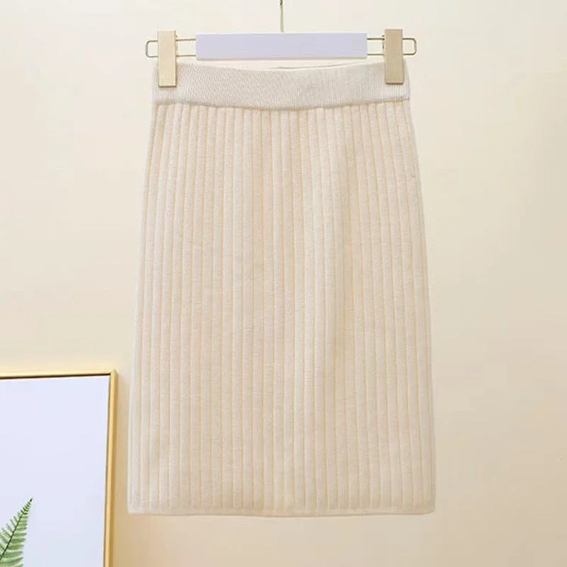 Zoki Winter Women Sweater Skirt New 2021 Knitted Midi Skirts Korean Elastic High Waist Elegant Autumn Split Fork Black Faldas