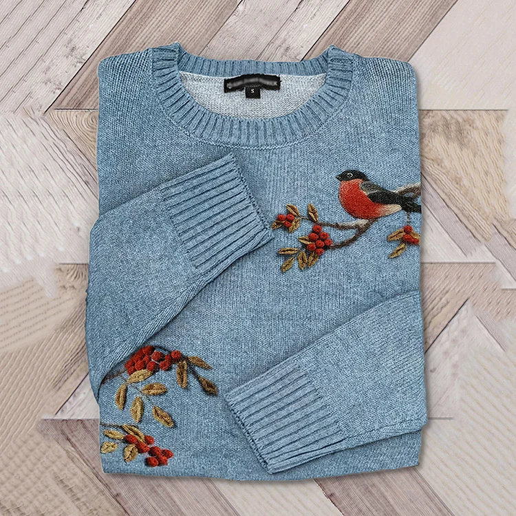Winter Robin Embroidery Art Cozy Sweater