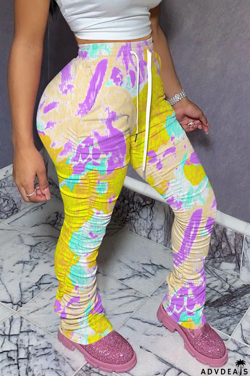 Green colour Polyester Drawstring Sleeveless High Patchwork Print bandage Draped pencil Pants Bottoms