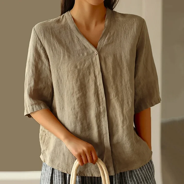 Women's Solid Color V-Neck Buttoned Mid-Sleeve Loose Casual Top