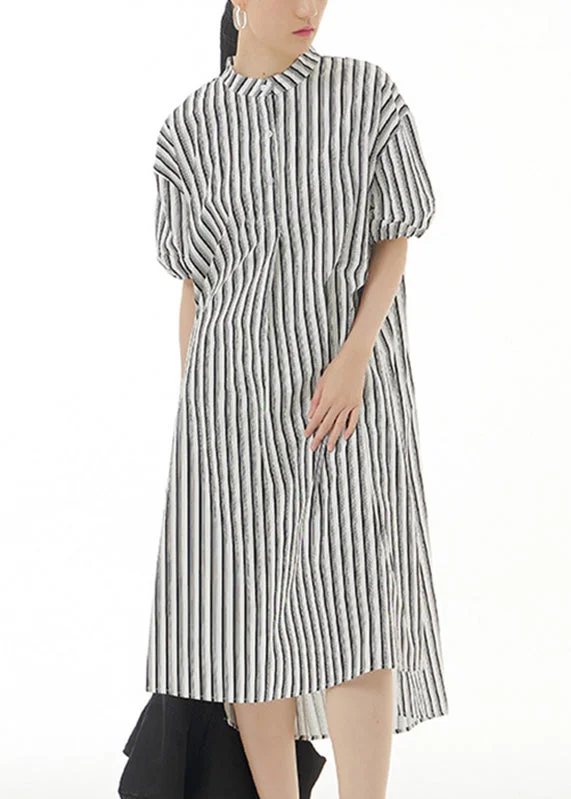 5.1Women Black Striped Side Open Cotton Vacation Long Shirt Dresses Summer