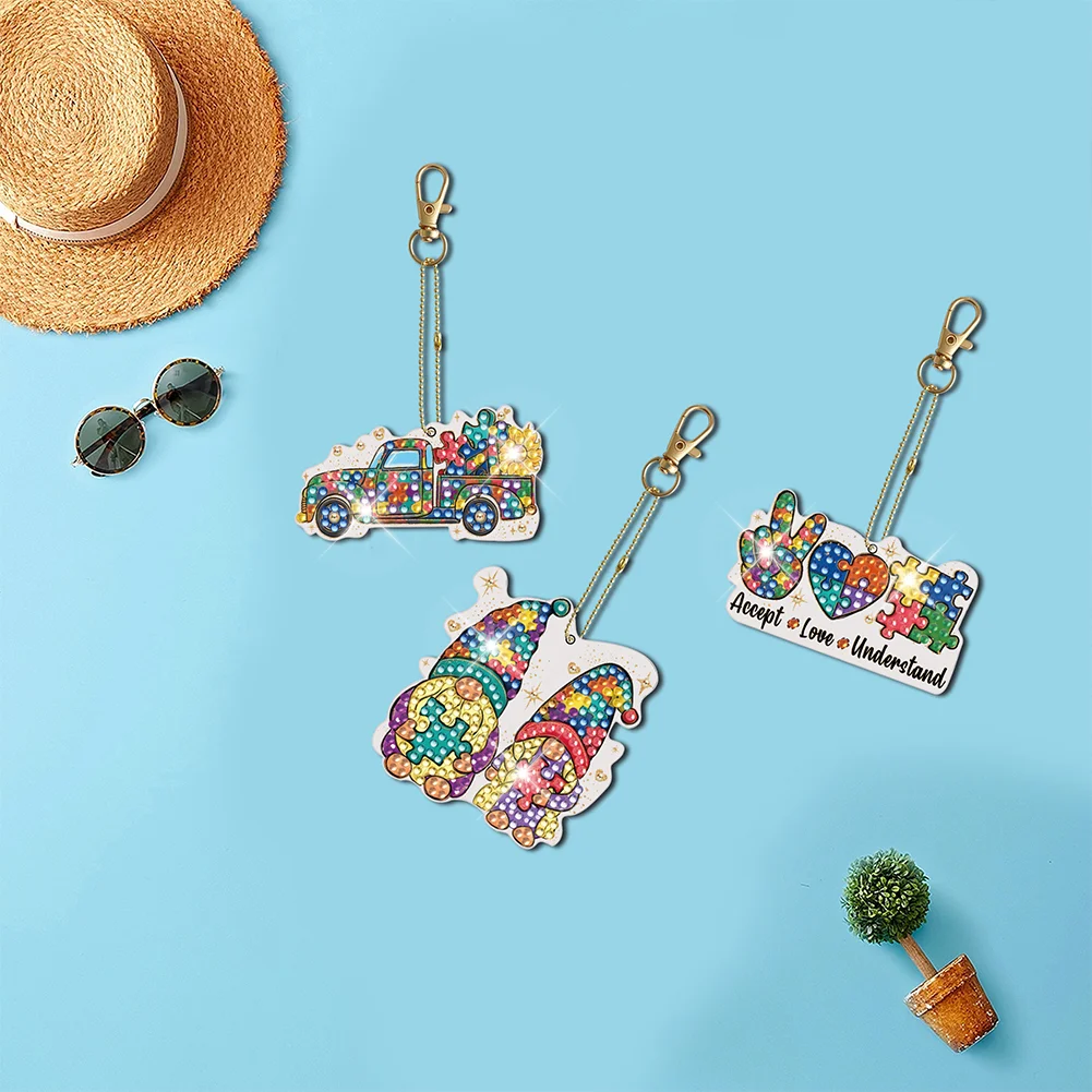 5pcs DIY Goblin Diamond Art Keychains Diamond Mosaic Kit Point Drill Key Ring(Double Side)