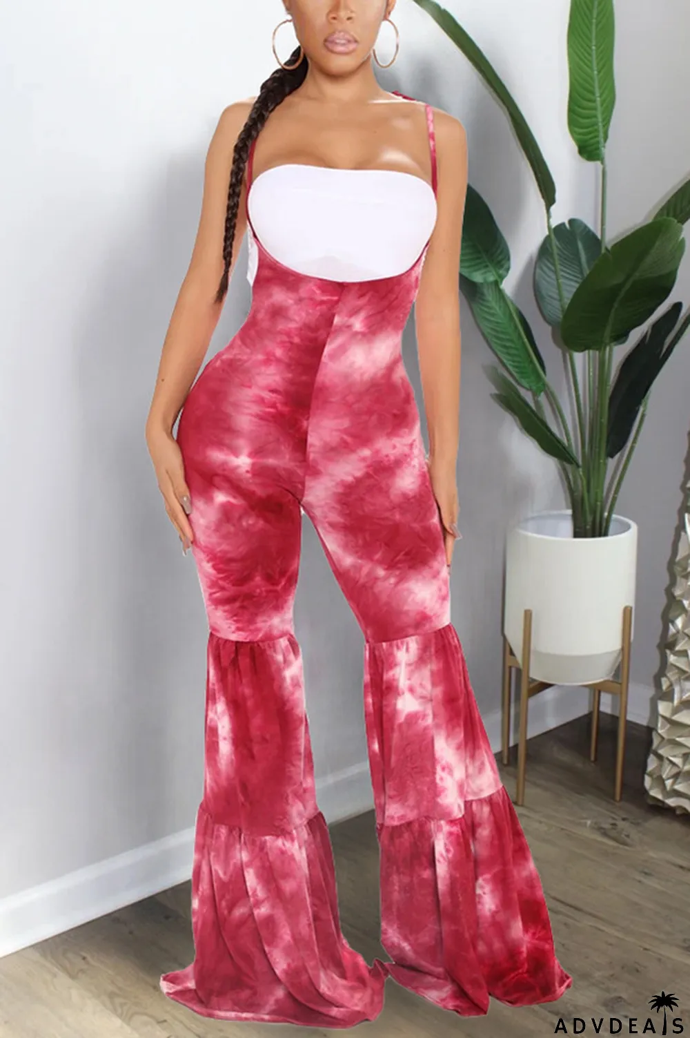 Red street Print Tie-dyed Polyester Sleeveless Slip Jumpsuits