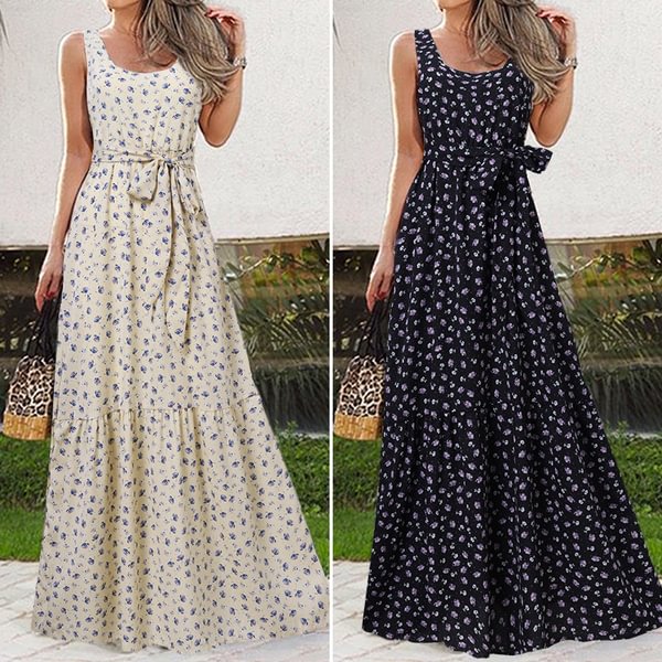 Women Summer Floral Print Round Neck Sleeveless Belted Long Dress Casual Elegant Loose Club Maxi Dress Plus Size Kleid - Shop Trendy Women's Fashion | TeeYours