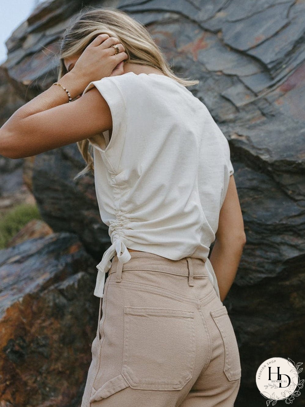 White Drawstring Side Short Sleeve Crew Neck Tee