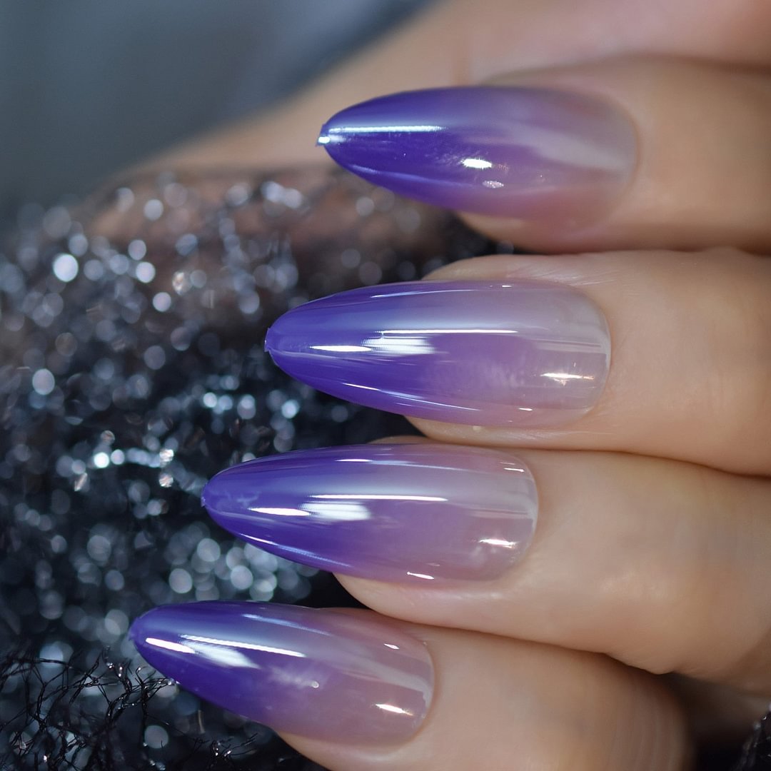 Glossy Purple Nude Ombre Fake Nails Medium Length Almond Chrome Press On Nails Gorgeous Gradient Shade Full Cover False Nail Tip