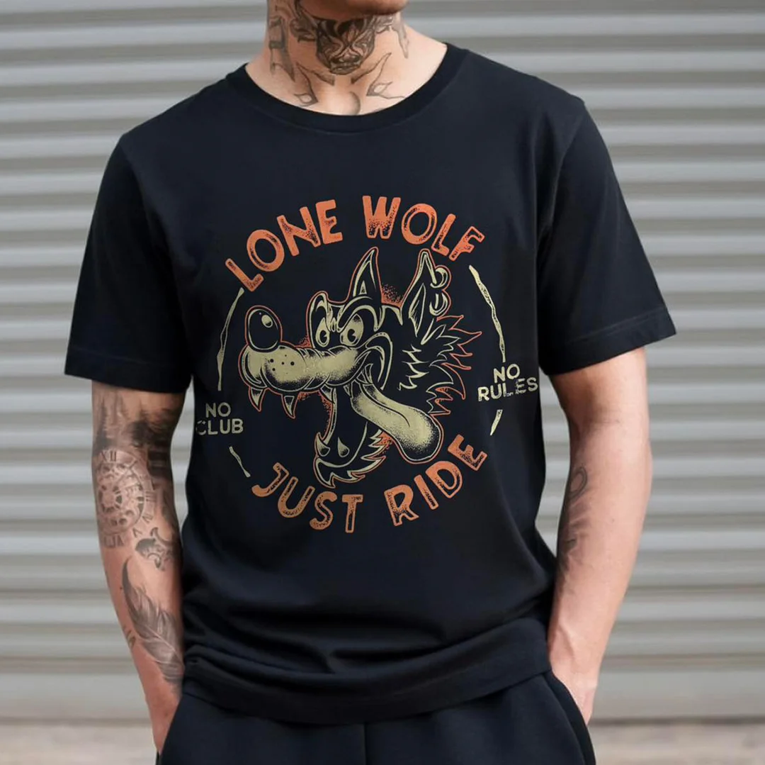 LONE WOLF JUST RIDE Big Wolf Print Men's T-shirt