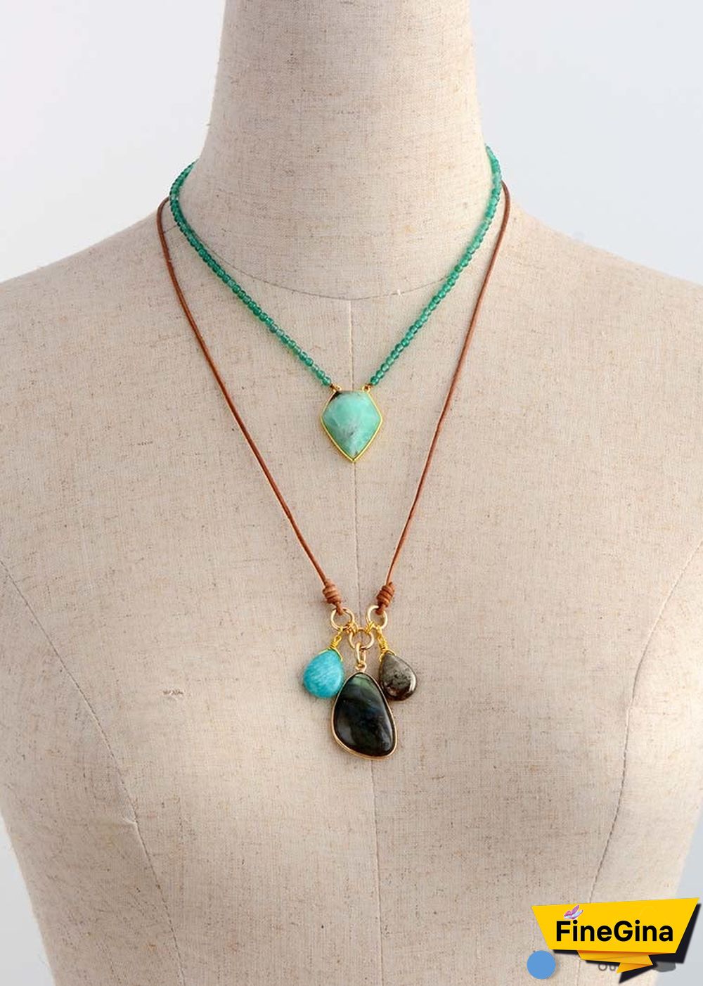 Boho Necklace, Labradorite Amazonite Leather Pendant Necklace