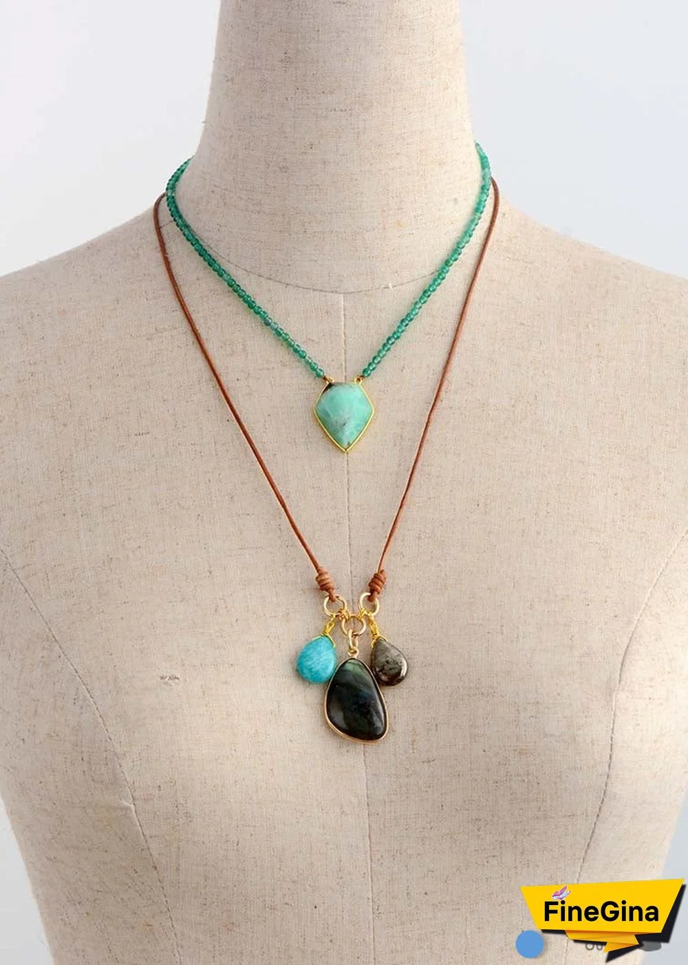 Boho Necklace, Labradorite Amazonite Leather Pendant Necklace