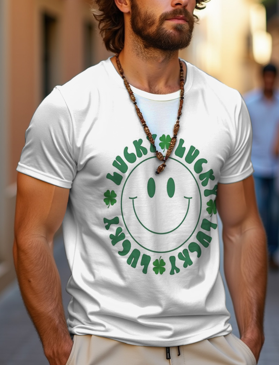 Lucky Four-leaf Clover Smiley Face Decorative Pattern T-shirt
