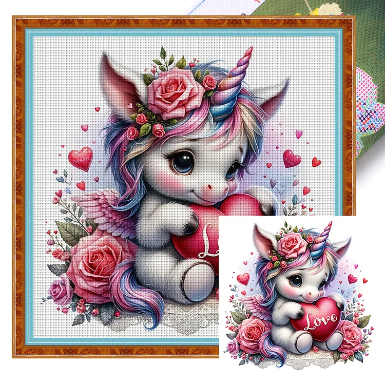 【Huacan Brand】Love Rose Unicorn 11CT Stamped Cross Stitch 45*45CM