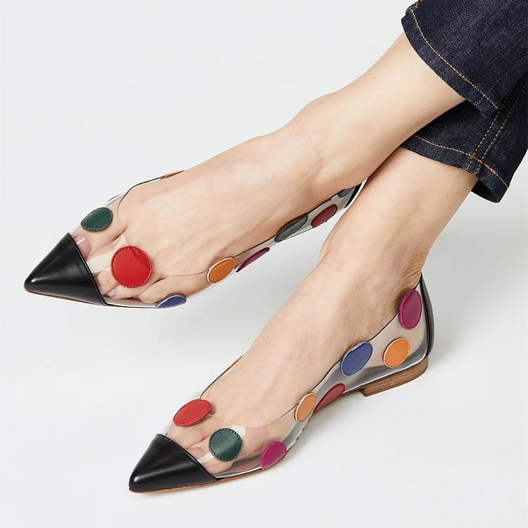Multi Color transparent Shoes Polka Dots Pointed Toe Flats |FSJ Shoes