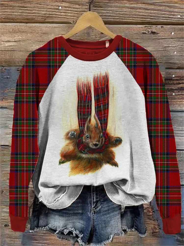 VChics Red Checkered Squirrel Pattern Crew Neck Sweatshirt