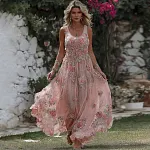 Women's Floral Roses Art Print Flowy Linen Blend Casual Tank Maxi Dress - Image 2