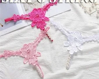 Pornhint Hot Erotic Panties, Sexy Pearl Flower Thong Women's underwear Crotchless Transparent panties, Erotic Sexy Thongs Sexy G-String, Lingerie