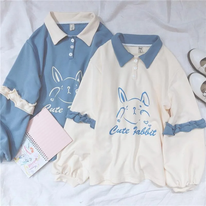 Blue/Beige Cute Rabbit Falbala Polo Shirt S12994