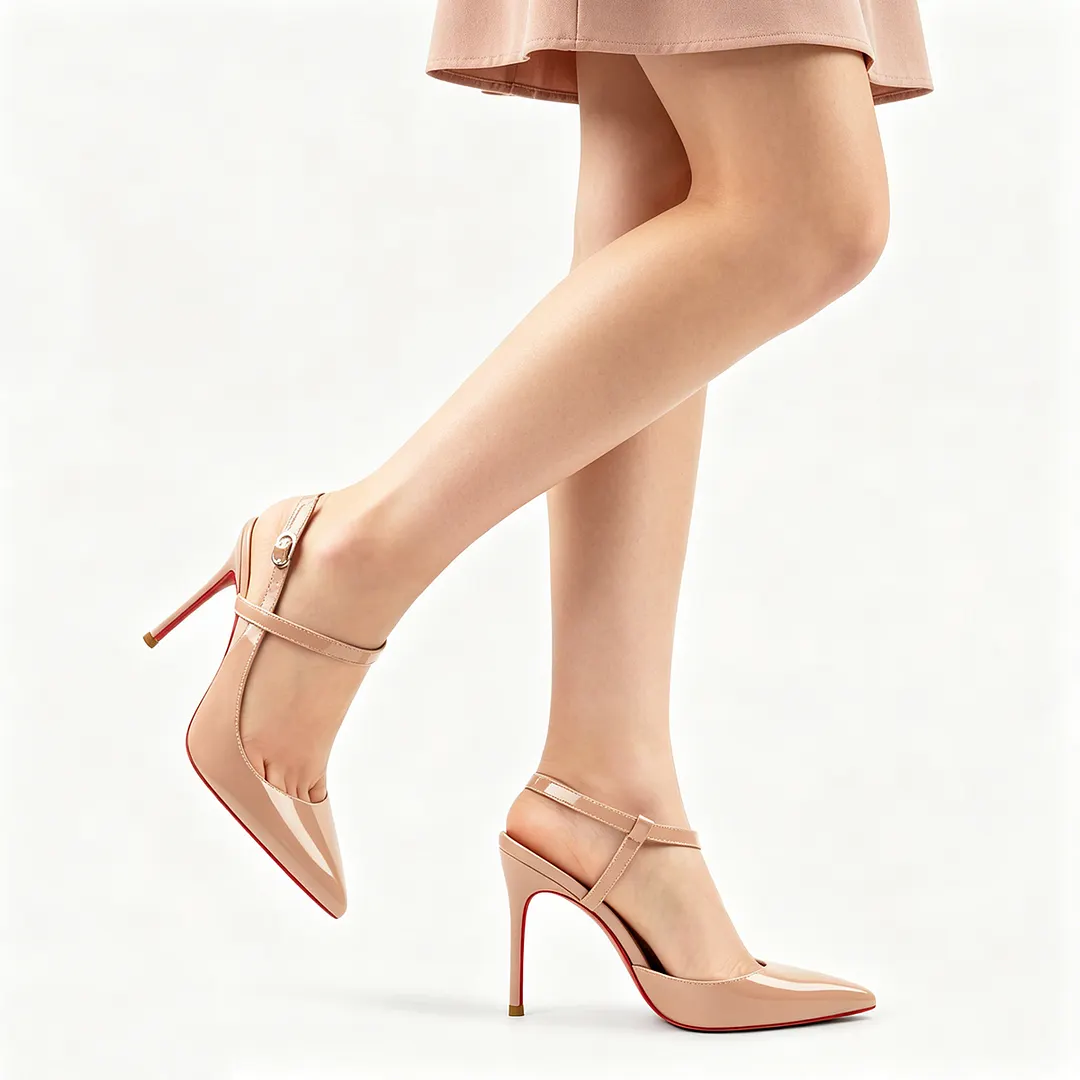 100mm Women Slingback Patent Pumps Ankle Strap Jenlove Stiletto Mid Heel Close Pointed Toe Dress Red Bottoms Shoes