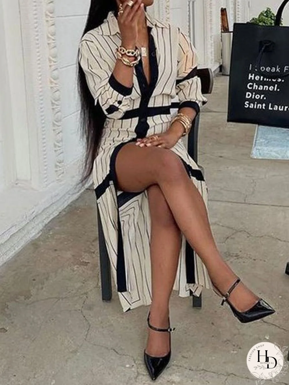 Women'S Dresses Striped Lapel Button Long Sleeve Shirt Dress