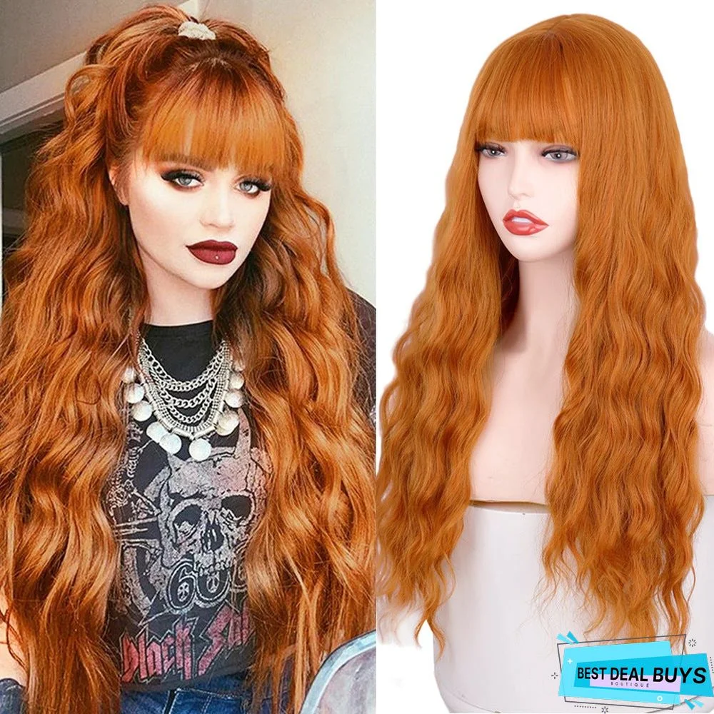 Qi Bangs Long Curly Wavy Chemical Fiber Wig Head Cover