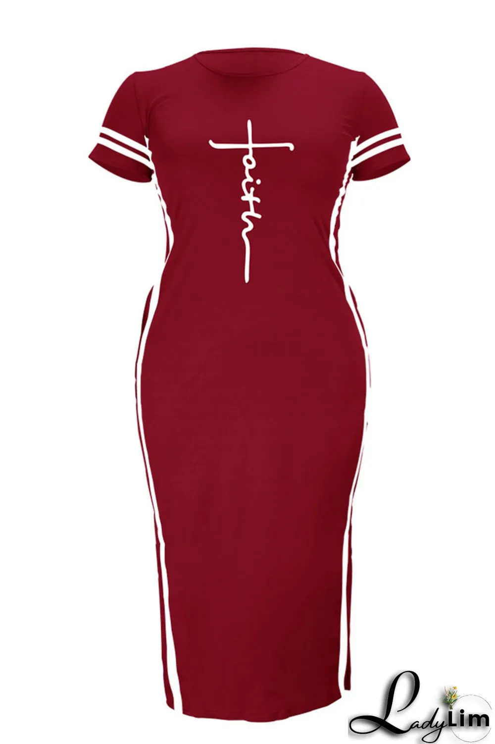 Tibetan Blue Fashion Casual Plus Size Print Slit O Neck Short Sleeve Dress
