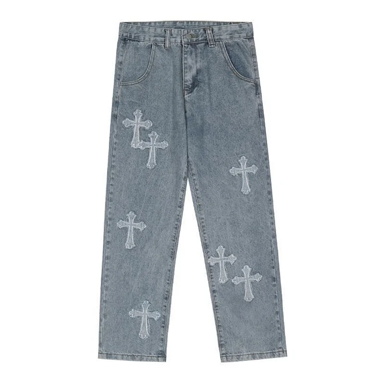 Cross Pattern Streetwear Pants Men's Hip Hop Oversized Jeans Baggy Pants at Hiphopee