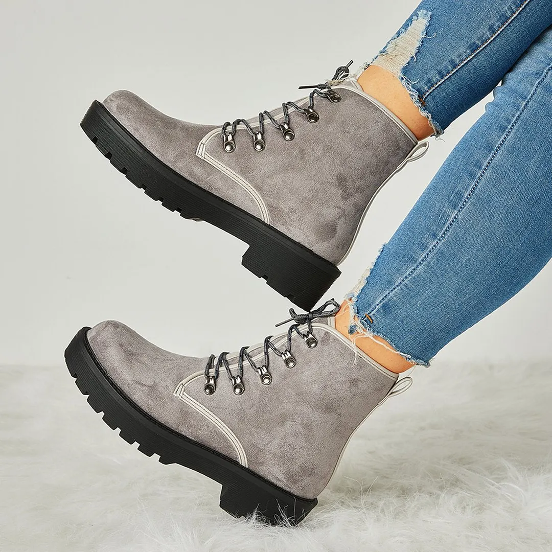 Women's Simple Faux Suede Lace Up Combat Boots