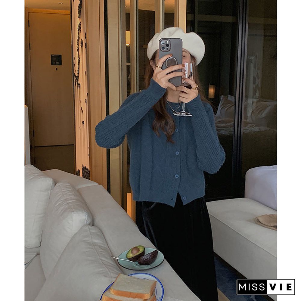 Casual Buttoned Solid Color Retro Cardigan